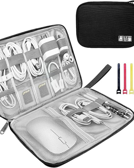 Electronics Organizer Travel Case,Electronic Accessories Storage Bag,Portable Waterproof Cable Organizer Bag,with 5 Cable Ties，for Travel,Work-Black