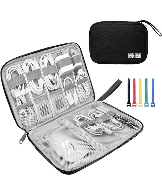 Electronics Organizer Travel Case,Electronic Accessories Storage Bag,Portable Waterproof Cable Organizer Bag,with 5 Cable Ties，for Travel,Work-Black