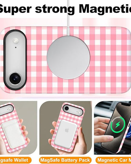 Magnetic for iPhone 17 Air Case Cute Checkered Stripes Phone Case for Women Girls, Shockproof Slim TPU and Hard PC Protective Phone Cover Compatible with MagSafe Designed, Red