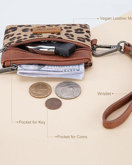 Montana West Wrangler Small Wallet for Women Leopard Print Wristlet Wallets Mini Change Pouch Brown