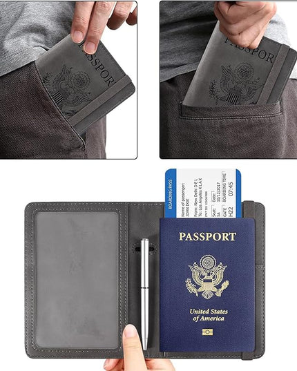 ACdream RFID BLOCKING Passport Holder Travel Wallet - Premium PU Leather Cover Passport book with Card Holder, Pen Slot, Keep Organization, and Travel Essentials for Women and Men - Grey