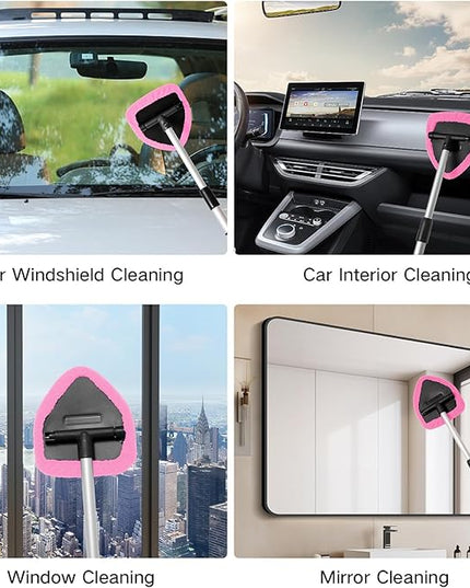 11pcs Windshield Cleaner Tool, Car Window Cleaning Wash Kit with 6 Reusable Microfiber Pads 2 Spray Bottles and Extendable Handles Auto Glass Wiper Kit, Pink