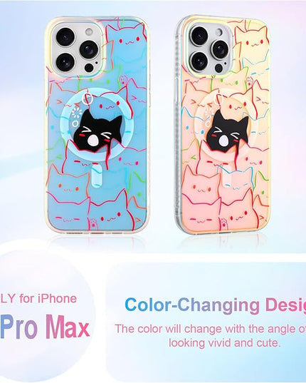 Cute Case for iPhone 14 Pro Max Case for Women Girls Boys [ Compatible with Magsafe ] Iridescent and Black Cats Cat Pattern Design, Kawaii Colorful Animal Soft Bumper Protective Phone Cover
