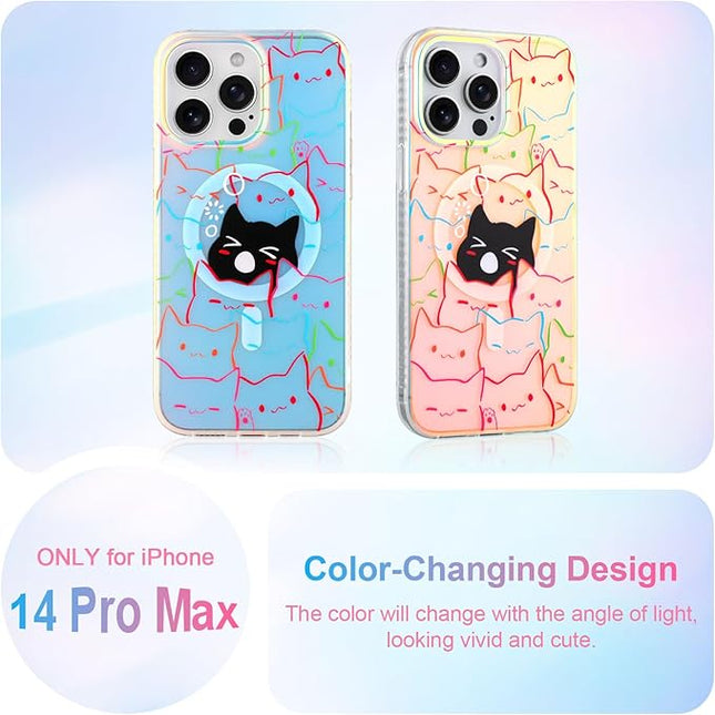 Cute Case for iPhone 14 Pro Max Case for Women Girls Boys [ Compatible with Magsafe ] Iridescent and Black Cats Cat Pattern Design, Kawaii Colorful Animal Soft Bumper Protective Phone Cover
