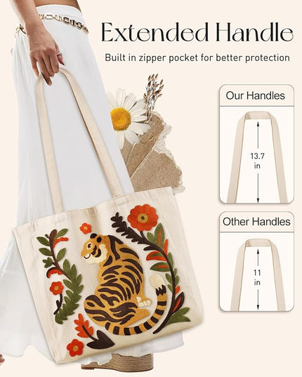 Embroidery Canvas Tote Bag for Women - Reusable Totes with Pocket & Buckle Aesthetic Cute Grocery Shoulder Bag