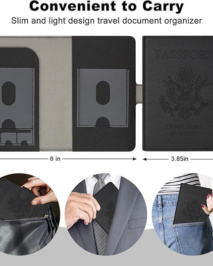 RSAquar Passport Holder for Women and Men, Premium PU Leather Travel Passport Wallet RFID Blocking Passport Cover Travel Documents Organizer (JD-Black)