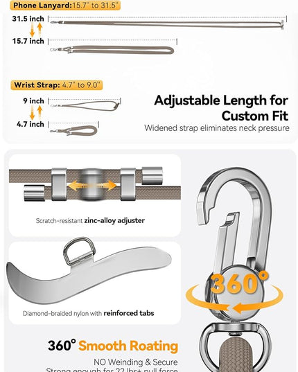 4-IN-1 Phone Lanyard + Wrist Strap, 2PCS Adjustable Length Cell Phone Lanyard with 2 Tether Tabs for iPhone,Smartphones