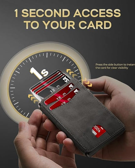 RUNBOX Slim Card Wallet for Men with ID Window – Minimalist RFID Wallet, Pop-Up Function, Ultra Thin Design, Metal Business Card Case Holds 8+ Cards, Gifts for Men, Men's Accessories
