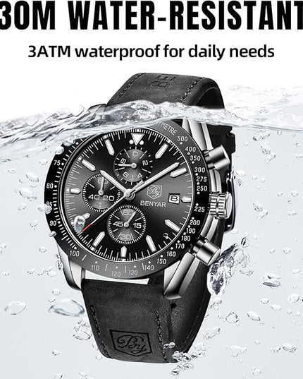 BY BENYAR Watch for Men Analog Quartz Chronograph Waterproof Luminous Designer Mens Wrist Watches Business Work Sport Casual Dress Watch with Silicone Strap Elegant Gifts for Men