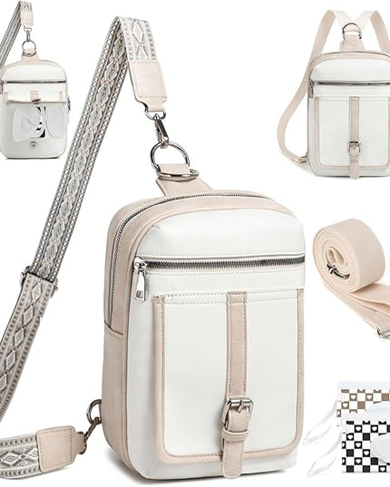 Sling Bag Crossbody Backpack - 2 in 1 Leather Cross Body Bag Fanny Pack with 2 Removable Straps