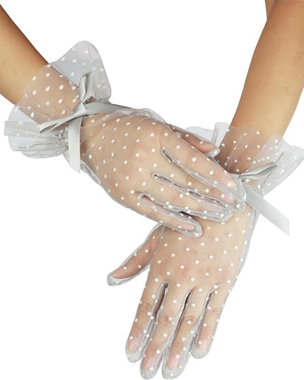 Women's Short Lace Gloves with Bow Ruffles Lace Tea Party Gloves for Wedding Costume Evening Dinner Party
