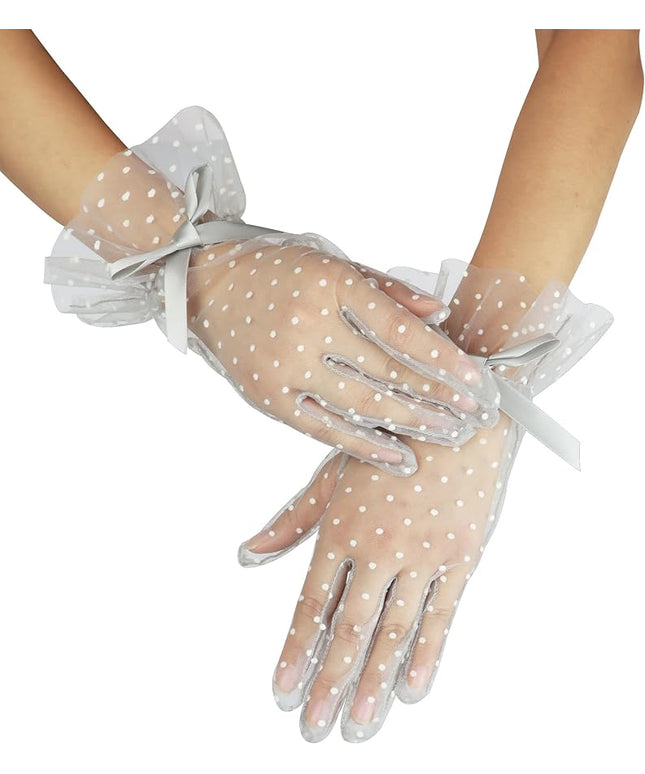 Women's Short Lace Gloves with Bow Ruffles Lace Tea Party Gloves for Wedding Costume Evening Dinner Party