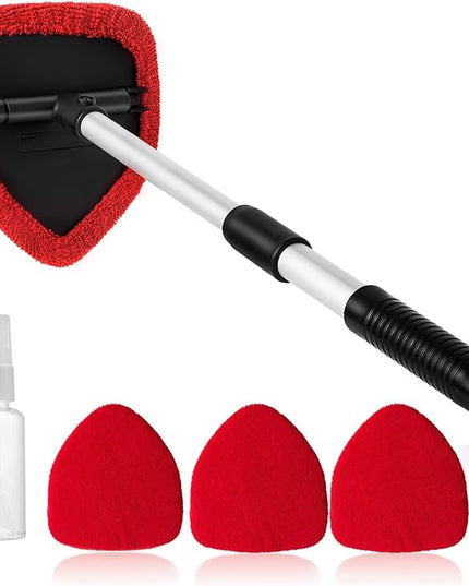 11pcs Windshield Cleaner Tool, Car Window Cleaning Wash Kit with 6 Reusable Microfiber Pads 2 Spray Bottles and Extendable Handles Auto Glass Wiper Kit, Red