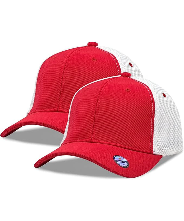 [2 Pack] Hybrid Stretch-Fitted Trucker Cap, Baseball Cap with Air Mesh