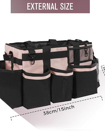 Wearable Cleaning Caddy, Cleaning Caddy Supplies Organizer with Handle & Shoulder Straps for Housekeepers, Under Sink & Car Cleaning Tool Organizers Bag with 4 Foldable Divider (Pink)