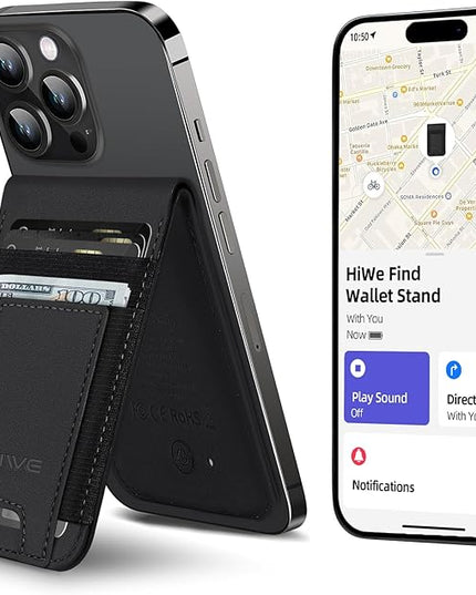 HiWe for MagSafe Wallet Stand with Find My, Anti-Lost Strongest Magnetic Wallet for iPhone 17/16/15/14/13/12 Series, 9 Cards Holder, Leather RFID, Black