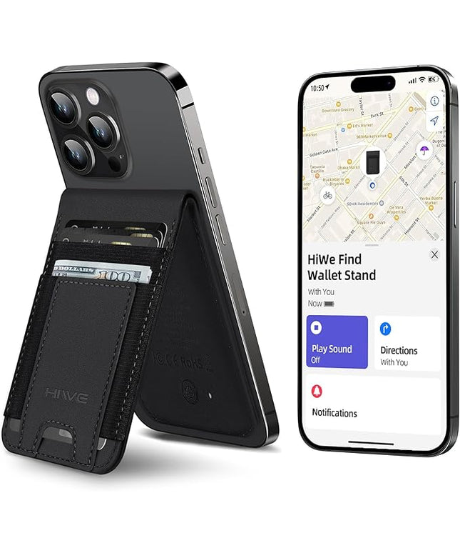 HiWe for MagSafe Wallet Stand with Find My, Anti-Lost Strongest Magnetic Wallet for iPhone 17/16/15/14/13/12 Series, 9 Cards Holder, Leather RFID, Black