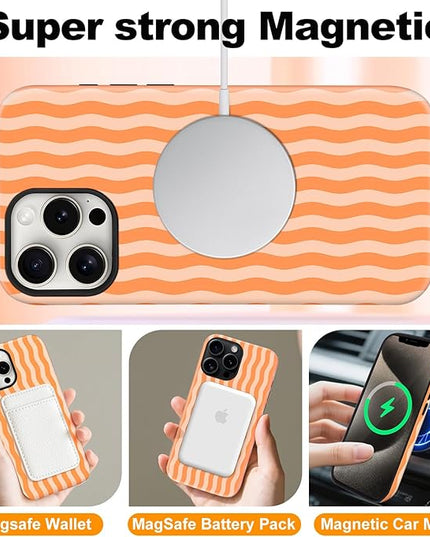 Magnetic for iPhone 13 Pro Max Case Cute Wavy Stripes Phone Case, Shockproof Slim TPU and Hard PC Protective Phone Cover Compatible with MagSafe Designed for Women Girls, Orange