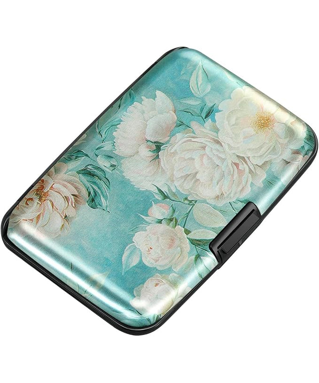 ELFISH Mini RFID Aluminum Wallet Credit Cards Holder Business Card Case Metal ID Case for Men Women(White peony)