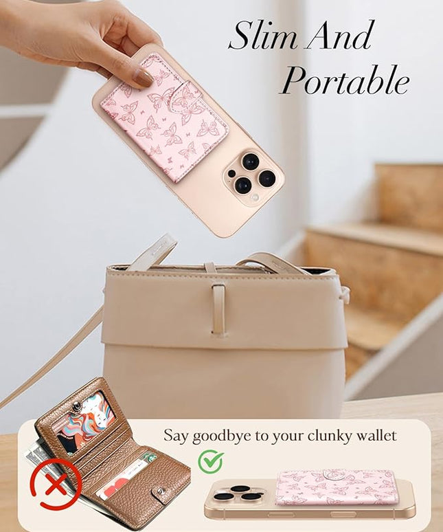 Shorogyt for Magnetic Phone Wallet Compatible with Magsafe Card Holder -Cute Luxury Slim Leather Mag Wallets for Women Fit 4 Cards,for iPhone 17/16/15/14/13/12 Series for Apple RFID Magnet, Butterfly