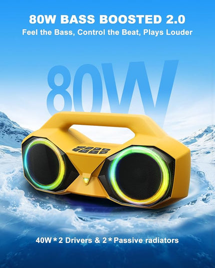 OZJ Bluetooth Speaker 80W(Peak) Loud with Bass, 20H Playtime, IPX7 Waterproof, RGB Lights, TWS, Large Portable Wireless Speakers for Outdoor, Home, Party, Pool, Beach, Tailgating, Gym, Work (Yellow)