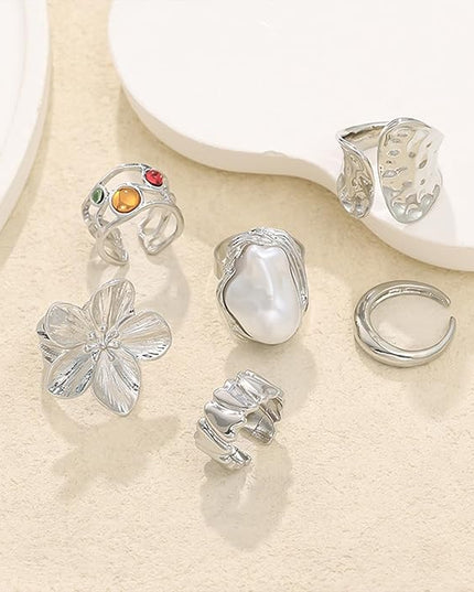 Chunky Gold Rings for Women Non Tarnish Statement Flower Ring Baroque Pearl Stackable Rings Set 6Pcs Chunky Jewelry