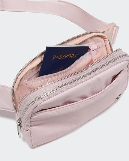 Pander Everywhere Belt Bag for Women, 5 Zipper Pockets Nylon Crossbody Fanny Pack Purse (Pink).