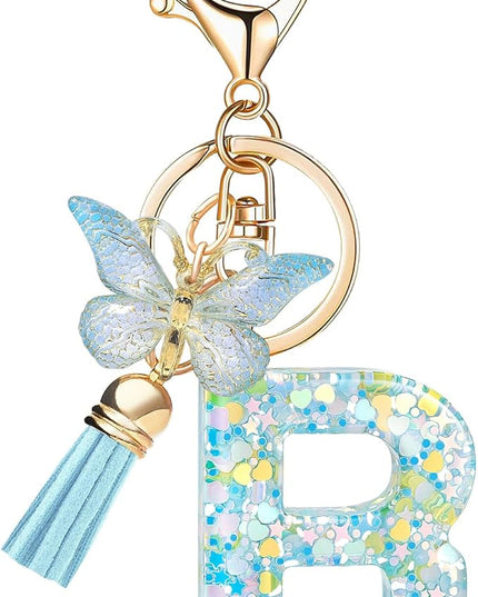 Fashion Alphabet Initial Letter Keychain Tassel Butterfly Pendant Key Ring for Purse Handbags Women Girl