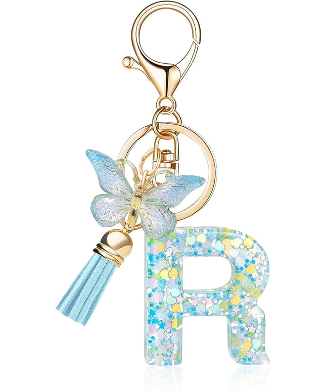 Fashion Alphabet Initial Letter Keychain Tassel Butterfly Pendant Key Ring for Purse Handbags Women Girl