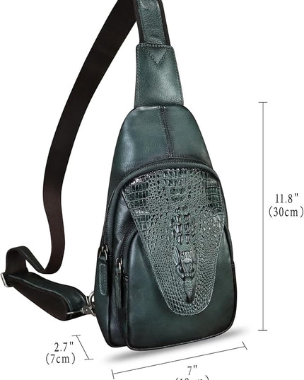Genuine Leather Sling Bag Embossed Crocodile Pattern Leather Crossbody Sling Backpack Handmade Chest Purse Daypack (Darkgrey)