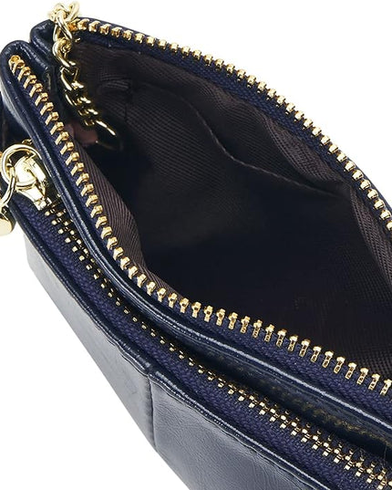 ZOOEASS Women PU Leather Zip Mini Coin Purse With Key Ring Triple Zipper Card Holder Wallet (Navy)