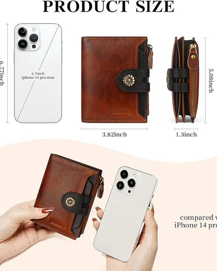 Blucoay Leather Wallet Women,RFID Blocking Womens Wallet Bifold Compact Small Wallet for Women Card Holder with Zip Coin Pocket Brownblack