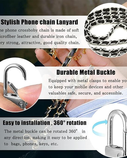 Phone Crossbody Chain Cell Phone Lanyard,Leather+Metal Shouder Strap Universal Abjustable Phone Chain Strap with Cellphone Tether Patches Compatible with Most Phones Bag Purse Silver+Black