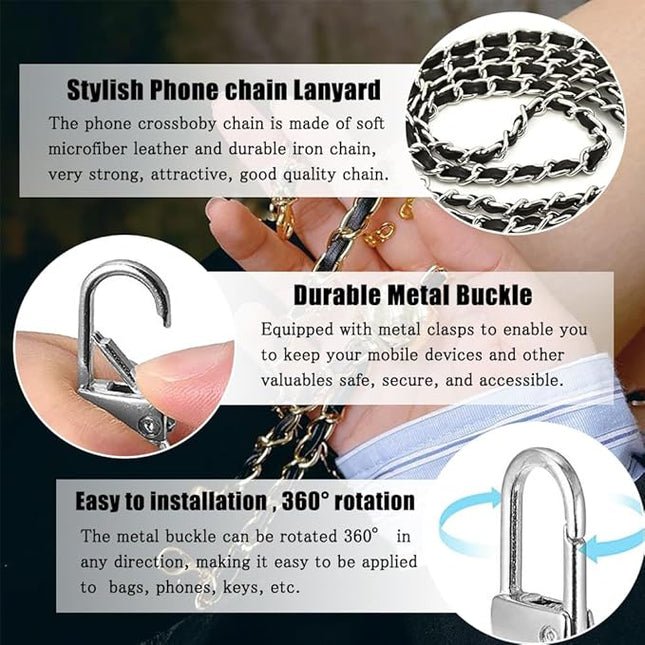 Phone Crossbody Chain Cell Phone Lanyard,Leather+Metal Shouder Strap Universal Abjustable Phone Chain Strap with Cellphone Tether Patches Compatible with Most Phones Bag Purse Silver+Black