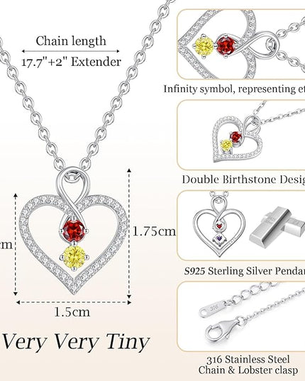 LOUISA SECRET Infinity Double Birthstone Necklace, 925 Sterling Silver Tiny Pendant Heart Necklace for Women Wife Her, Best Jewelry Gift Heart Jewelry Meaningful Gift for Valentine's Day, Christmas, Birthday Anniversary