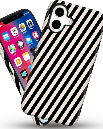 Magnetic for iPhone 16 Case Cute Diagonal Stripes Phone Case, Shockproof Slim TPU and Hard PC Protective Phone Cover Compatible with MagSafe Designed for Women Girls,Black and White