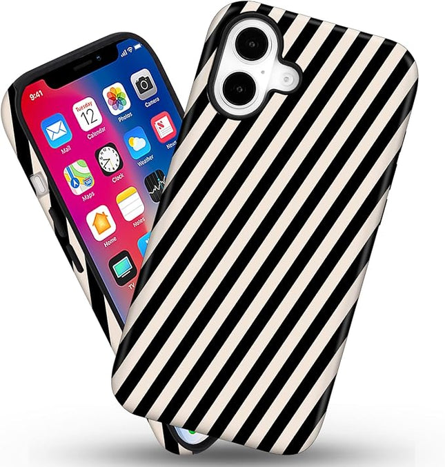 Magnetic for iPhone 16 Case Cute Diagonal Stripes Phone Case, Shockproof Slim TPU and Hard PC Protective Phone Cover Compatible with MagSafe Designed for Women Girls,Black and White