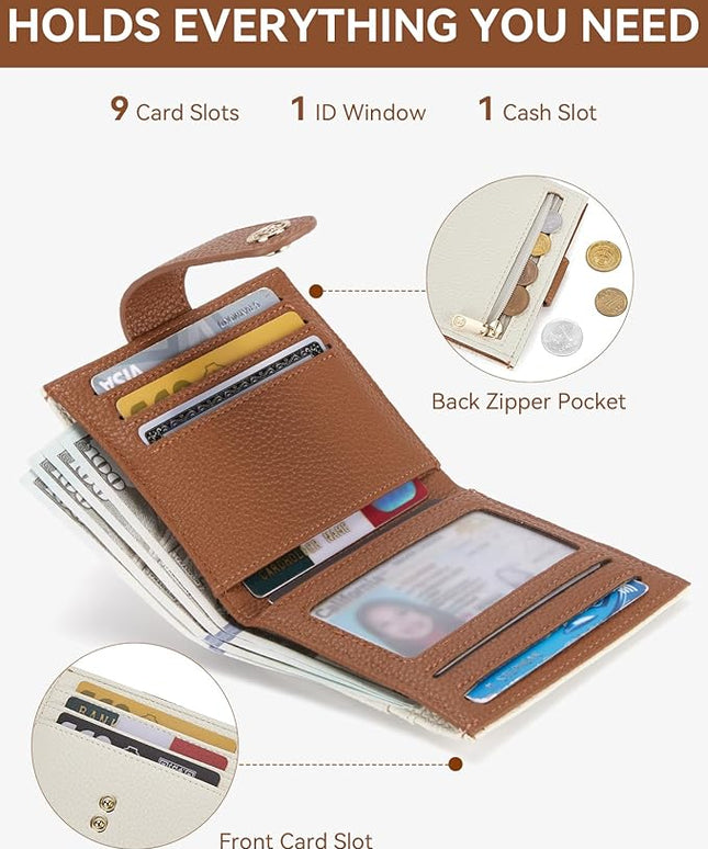 BOSTANTEN Slim Wallet for Women Small RFID Blocking Credit Card Holder Leather Bifold Wallets with Zipper Coin Pocket Beige＆Brown