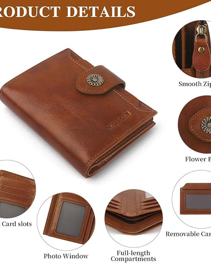 MKSSKEN Wallet Women,Rfid Blocking Leather Womens Wallet,Bifold Compact Carteras Para Mujer Card Holder with Removable ID Window(brown)