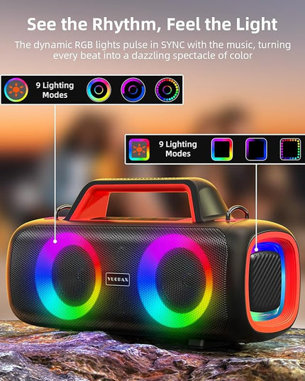 Portable Bluetooth Speaker Wireless,140W Peak Loud Sound with 2 Subwoofers and 2 Tweeters, Plus Bass Boost, IP65 Waterproof Outdoor Speaker, 24H Playtime, RGB Lights, TF/AUX/USB/Mic Input, Large Party