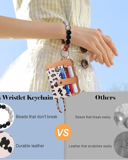 Keychain Wallet with Bracelet RFID Blocking Wristlet Credit Purse Card Holder, Silicone Bead Tassel Key Ring for Women