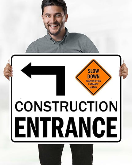 Slow Down Construction Entrance Ahead With Left Arrow Sign, 24x30 Inches, Rust Free .063 Aluminum, Fade Resistant, Made in USA by My Sign Center
