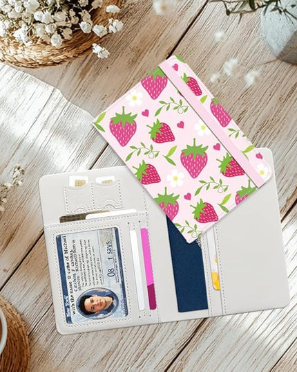 Strawberry Leather Passport Holder Cover Pink Hearts Flower Travel Wallet Passport Case with Credit Card Slots for Women Men Travelling Essentials for Flying