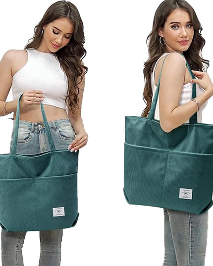 KALIDI Women Corduroy Tote Bag Zipper Casual Tote's Handbag Big Capacity Shoulder Bag with Pockets