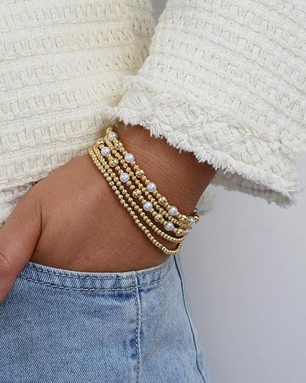 Gold Beaded Bracelets for Women, 14K Real Gold Plated Jewelry for Women Dainty Pearl Bead Bracelets Stack, Non Tarnish Trendy Stackable Ball Cross Stretch Bracelet Set Fashion Accessories Gifts