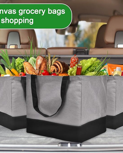 3 Pack Canvas Reusable Grocery Bags Heavy Duty, 8.3 gal Foldable Large Tote Bag with Handles, Holds 60 lbs Canvas Shopping Bags & Washable Eco-friendly Bags with 5 Pockets, Grey+Black
