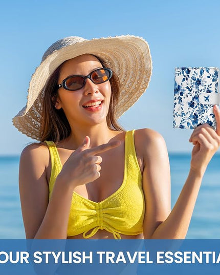 Passport Holder for Travel Essentials, RFID Blocking Leather Cover Wallet with Magnetic Closure, Aesthetic & Cute Passport Book Case for Women and Men - BlueFloral