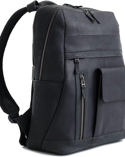 VELEZ Black Leather Backpack for Men & Women - Large Capacity Laptop Travel Backpack with 17" Sleeve - Vintage Travel Bag with Adjustable Straps, Multiple Pockets & Trolley Sleeve