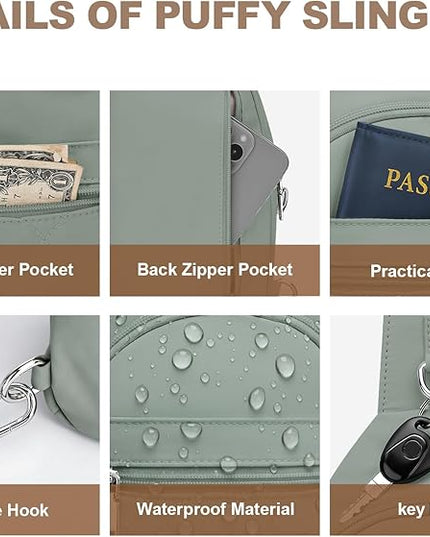 Sling Bag for Women, Anti-Theft RFID Crossbody Bag Nylon Sling Purse for Travel, Puffy Small backpack for Daily Hiking Sports Green