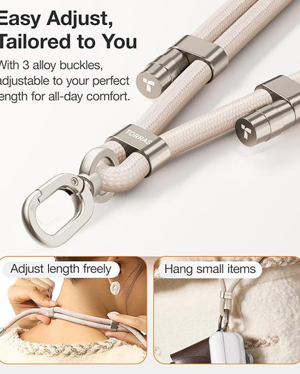 TORRAS Phone Lanyard Crossbody with 2 Phone Tabs, Adjustable Anti Theft Strap for All Cellphone, Premium Metal Buckles, Skin-Friendly, Universal Cellphone Neck lanyard for Travel Essentials, Beige